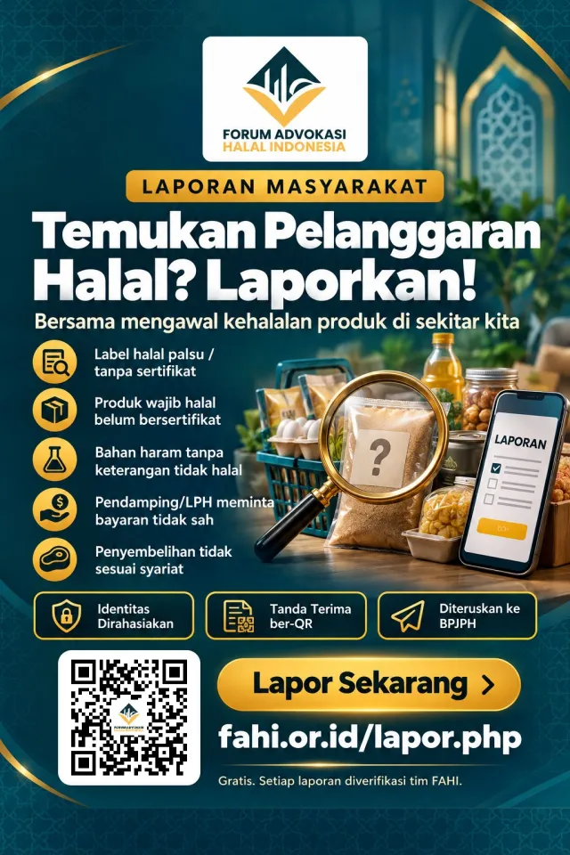 Poster Laporan Masyarakat FAHI: laporkan label halal palsu atau tanpa sertifikat, produk wajib halal yang belum bersertifikat, bahan haram tanpa keterangan tidak halal, pendamping atau LPH yang meminta bayaran tidak sah, dan penyembelihan yang tidak sesuai syariat. Identitas dirahasiakan, tanda terima ber-QR, dan laporan diteruskan ke BPJPH melalui fahi.or.id/lapor.php.