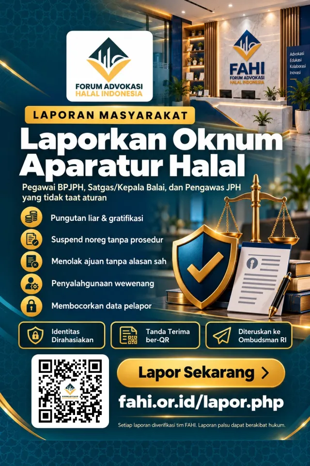 Poster Laporan Masyarakat FAHI: laporkan oknum pegawai BPJPH, Satgas atau Kepala Balai, dan Pengawas JPH yang melakukan pungutan liar dan gratifikasi, suspend noreg tanpa prosedur, menolak ajuan tanpa alasan sah, menyalahgunakan wewenang, atau membocorkan data pelapor. Identitas dirahasiakan, tanda terima ber-QR, dan laporan diteruskan ke Ombudsman RI melalui fahi.or.id/lapor.php.